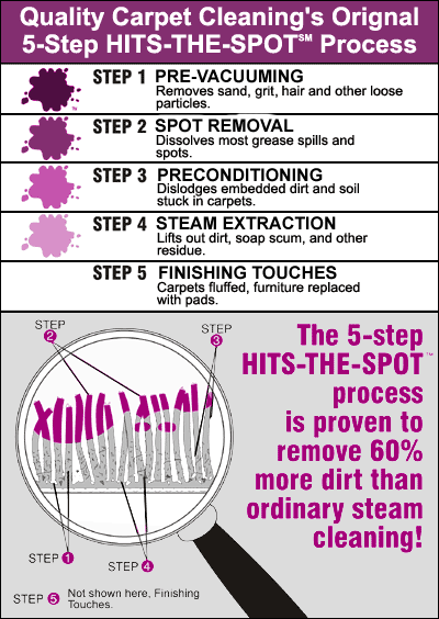 The 5 step Cleaning Process. Step 1: Dry Vacuuming removes sand, grit, hair and other loose particles. Step 2: Spot Removal dissolves most grease spills and spots. Step 3: Power Scrubbing dislodges embedded dirt and soil stuck in carpets. Stpe 4 Steam Extraction lifts out dirt, soap scum, and other residue. Step 5: Finishing Touches carpets fluffed, furniture replaced with pads.