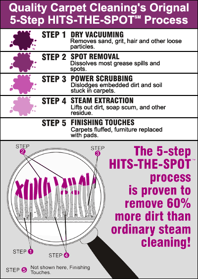 The 5 step Cleaning Process. Step 1: Dry Vacuuming removes sand, grit, hair and other loose particles. Step 2: Spot Removal dissolves most grease spills and spots. Step 3: Power Scrubbing dislodges embedded dirt and soil stuck in carpets. Stpe 4 Steam Extraction lifts out dirt, soap scum, and other residue. Step 5: Finishing Touches carpets fluffed, furniture replaced with pads.